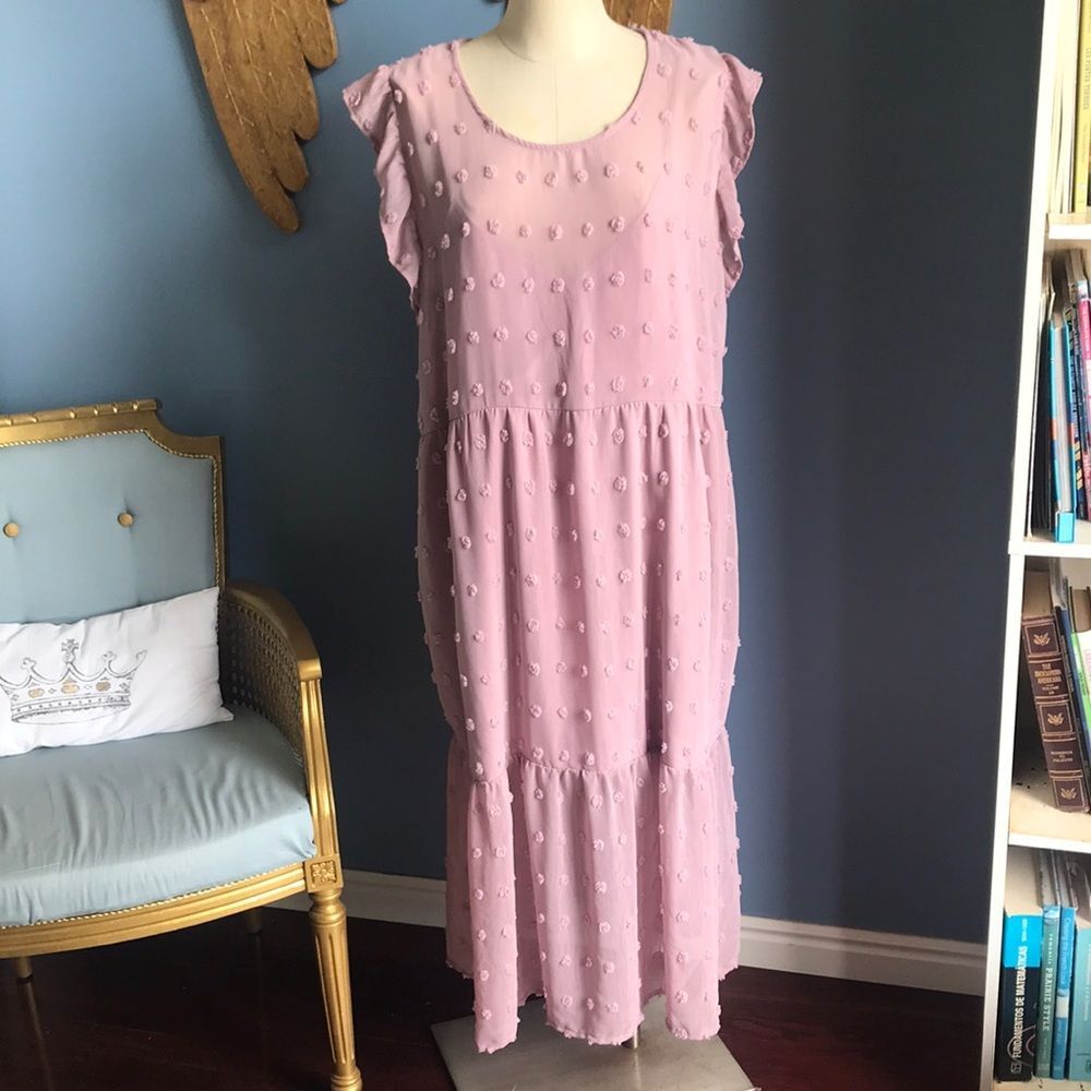 ARULA dusty rose Swiss dot sleeveless chiffon summer maxi dress size B 18-20